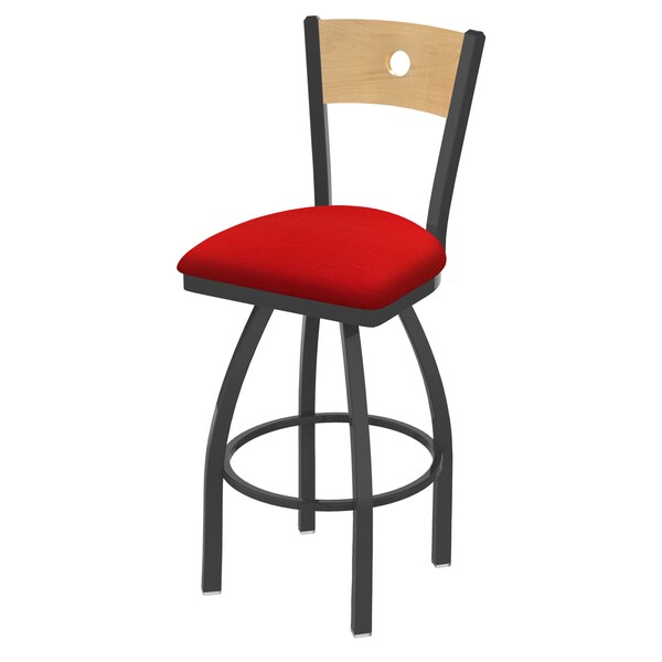 25" Swivel Counter Stool, Pewter Finish, Nat Back, Canter Red Seat